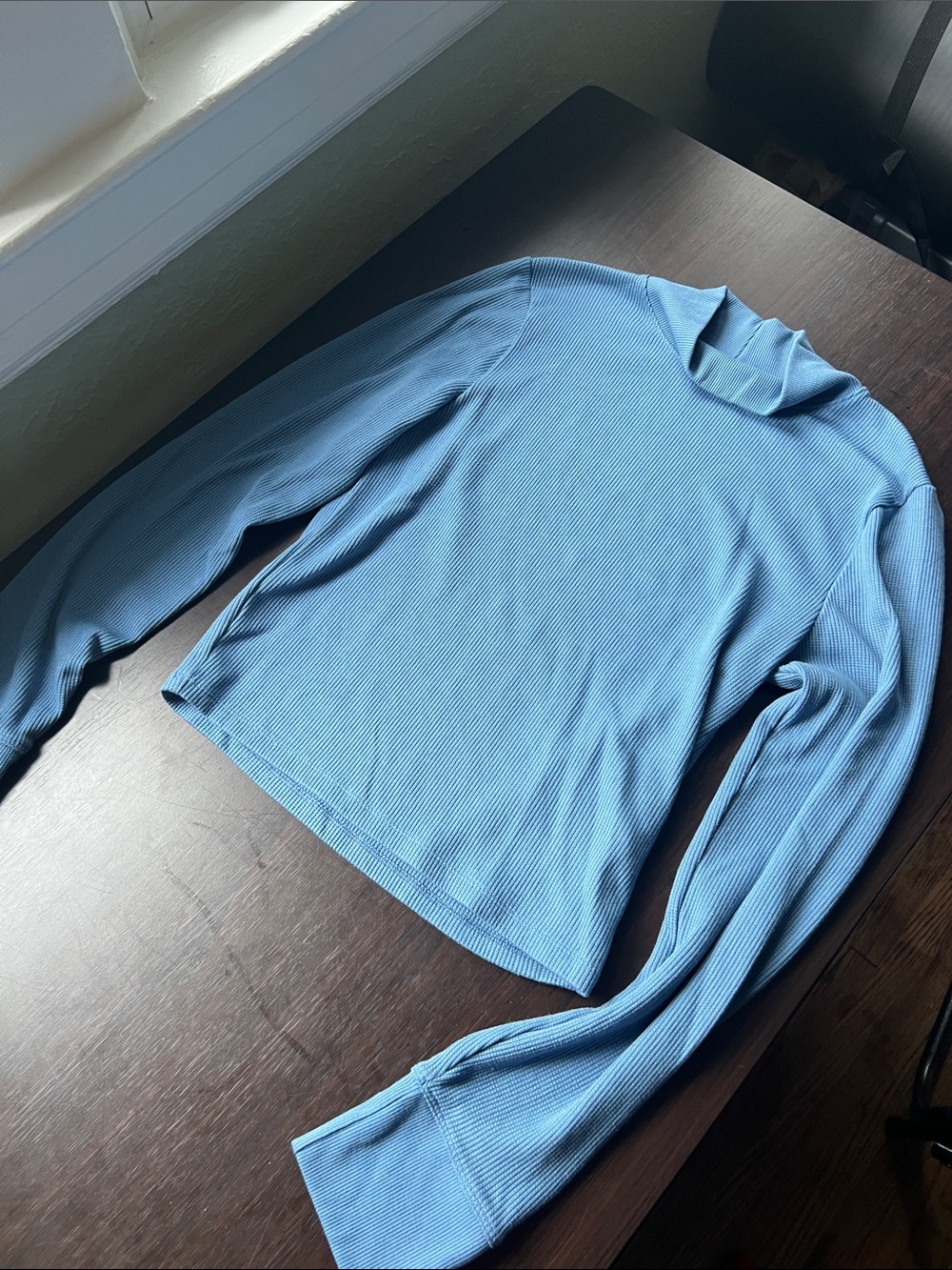 American Eagle Outfitters Ribbed Waffle Mock Neck Top in Light Blue